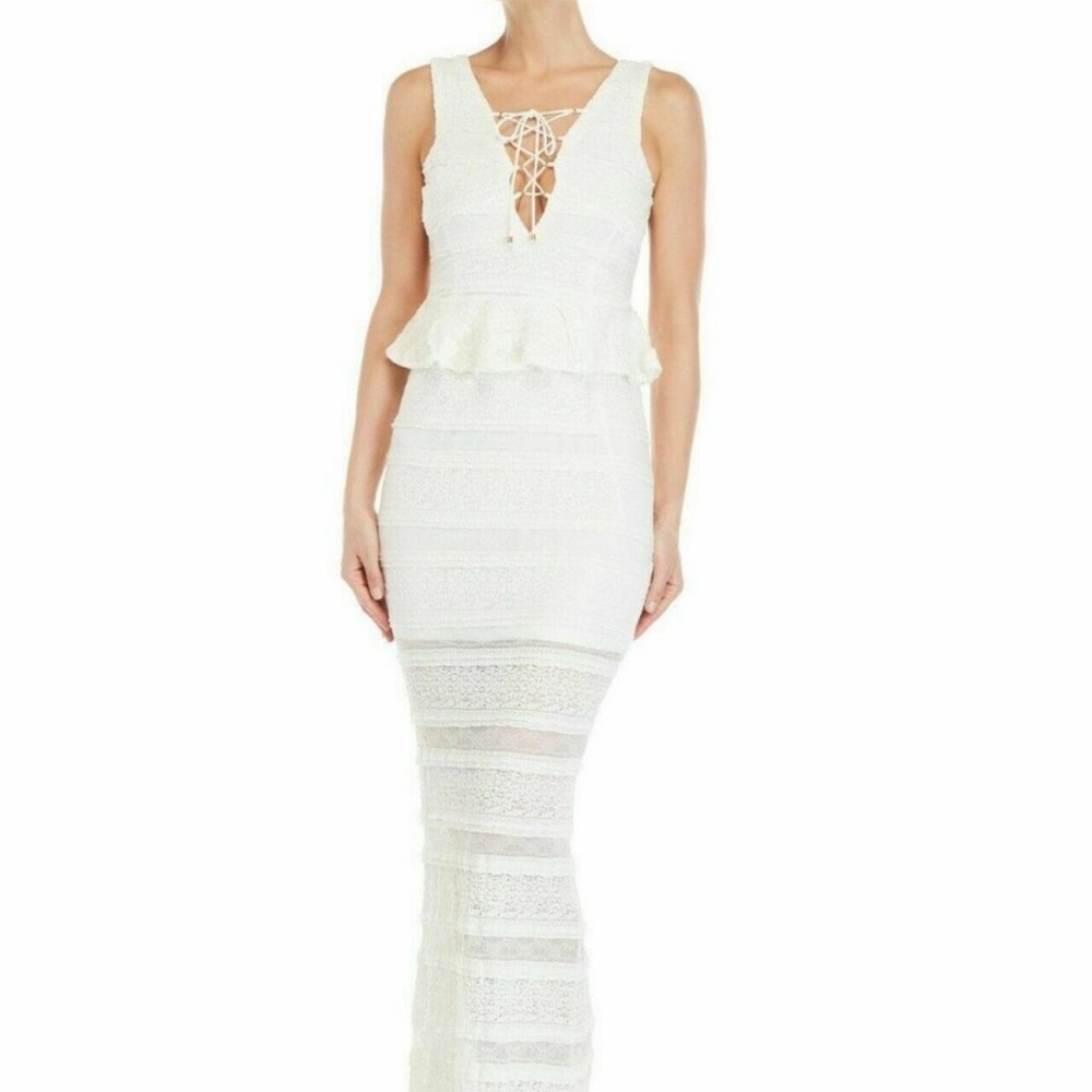 NWT Foxiedox Makayla Peplum Ivory White Lace Maxi Dress Women's Size Medium